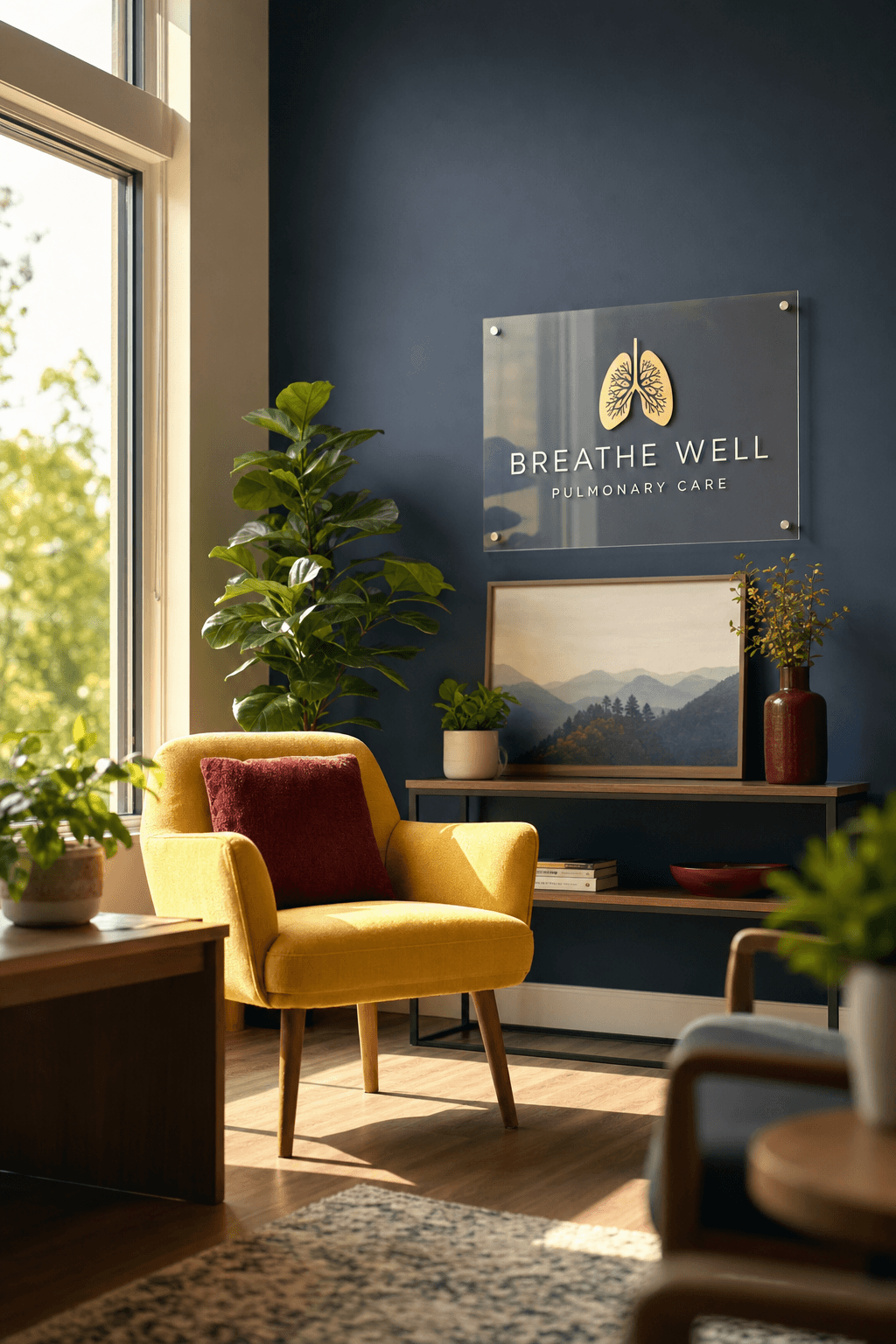 Sunlit pulmonary clinic waiting room with a bright yellow chair by the window, navy accent wall and warm crimson decor