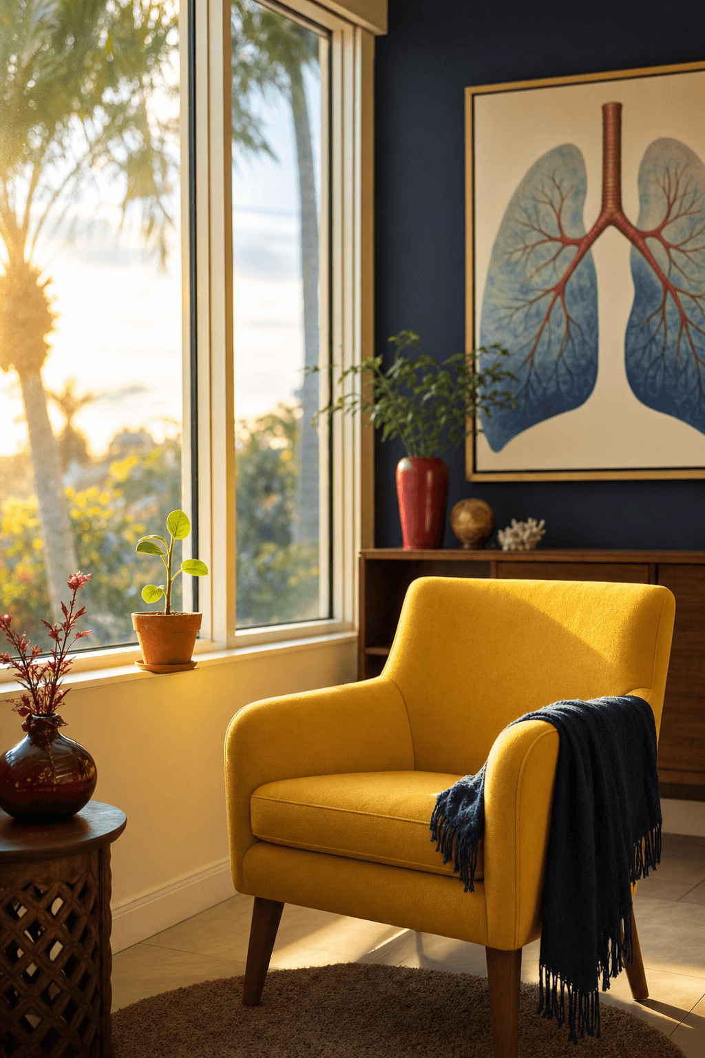 Bright sunshine-yellow accent chair beside a sunlit window with a small green sprout growing in a terracotta pot, representing early care and lung health.