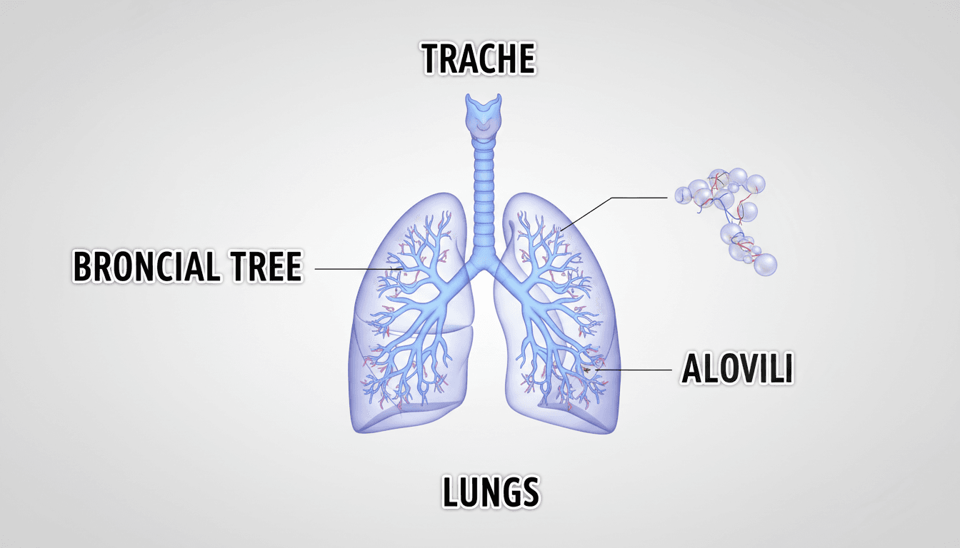Detailed anatomical illustration of human lungs with labeled parts