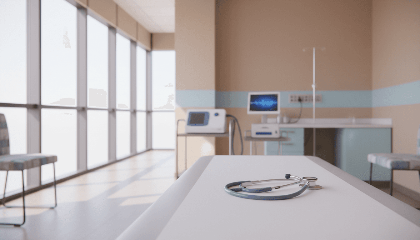 Bright and clean pulmonary exam room with medical equipment and natural light