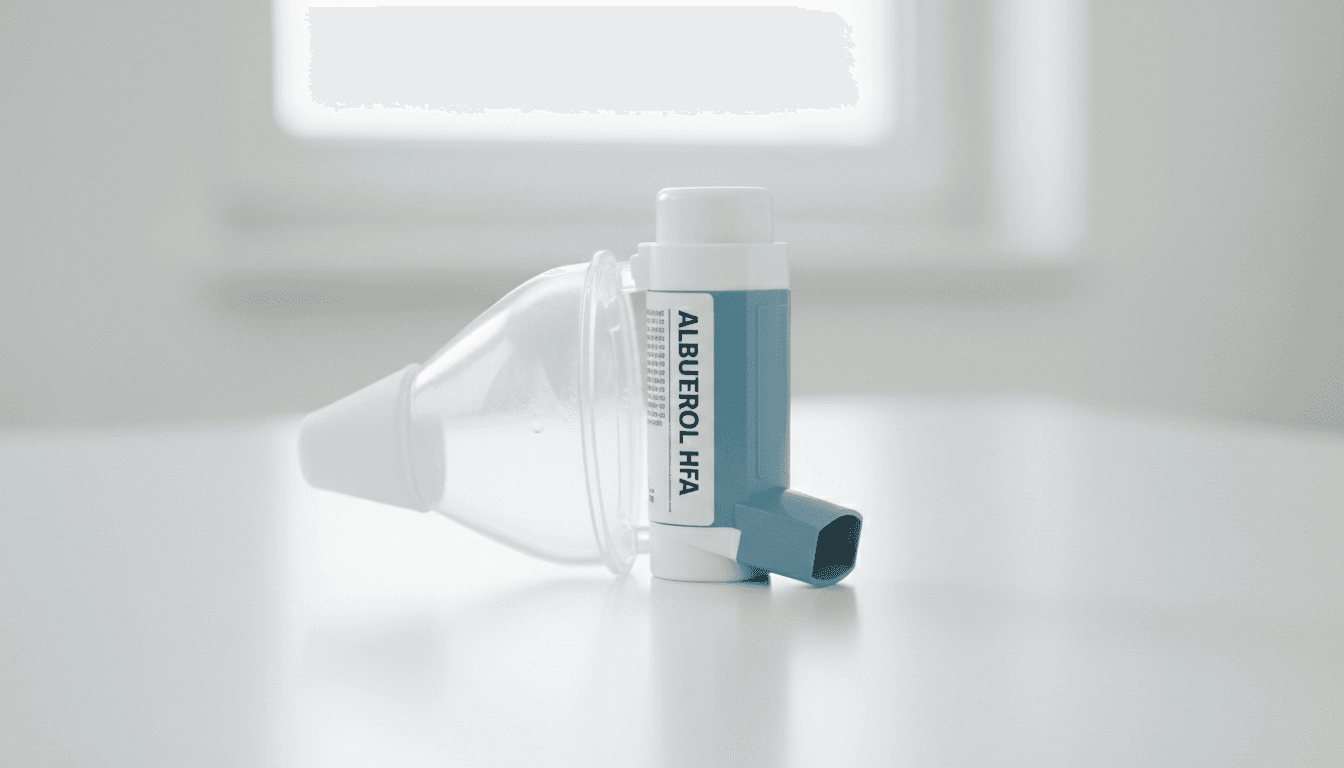 Inhaler with spacer and nebulizer device on a clean surface, ready for patient education