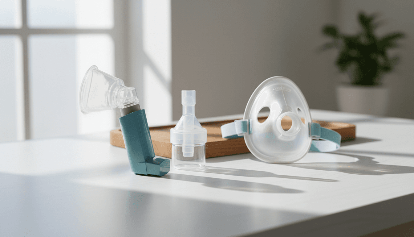 Respiratory care products like an inhaler spacer, nebulizer cup, and CPAP mask arranged on a clean surface