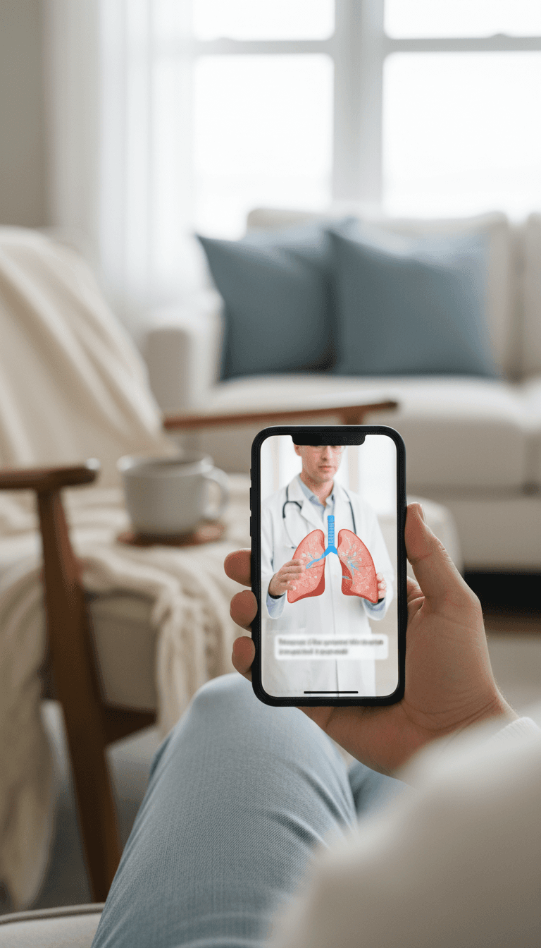 Person watching a lung health video on a smartphone in a bright living room