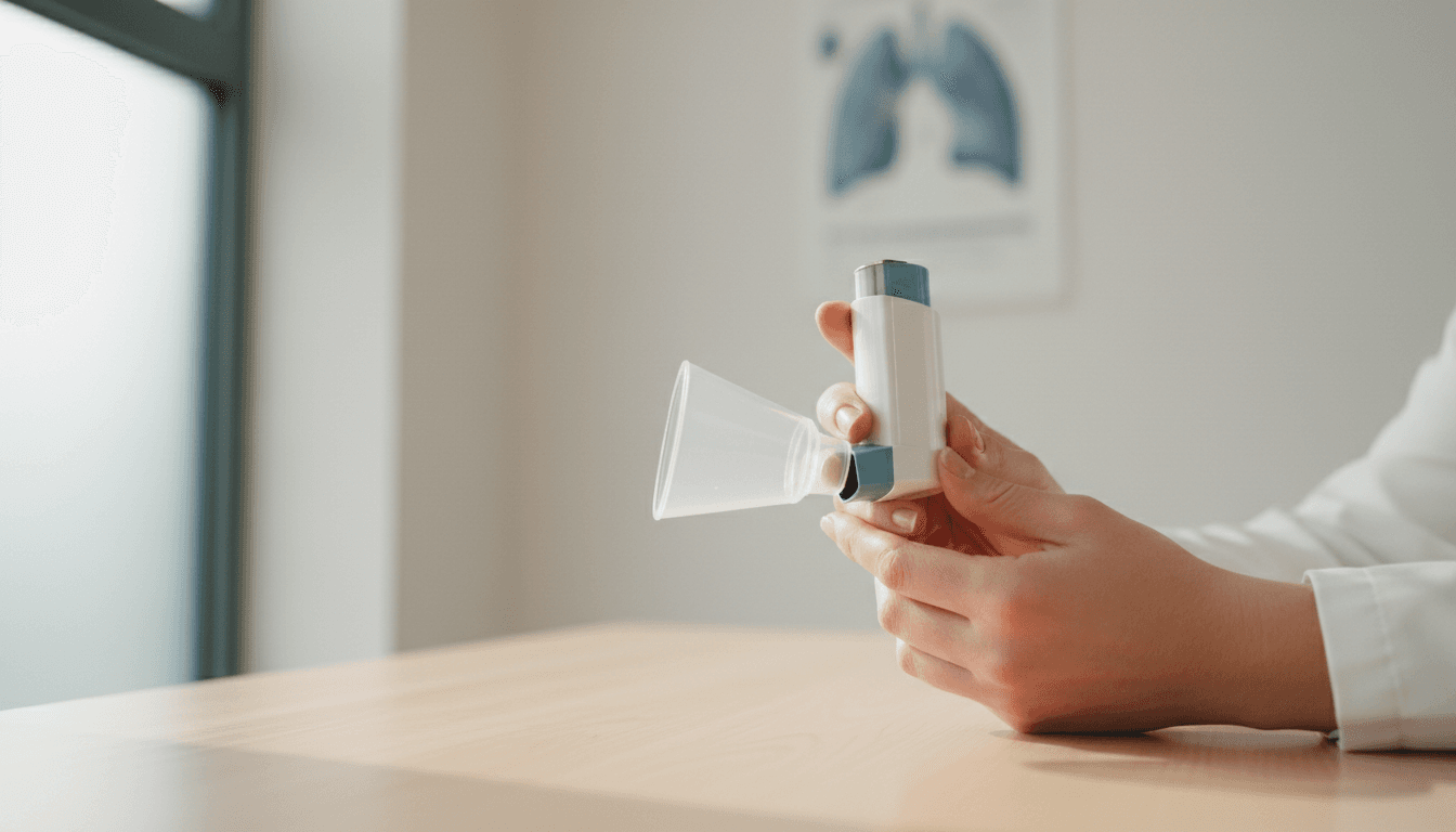 Doctor's hands demonstrating correct inhaler grip and positioning on a desk