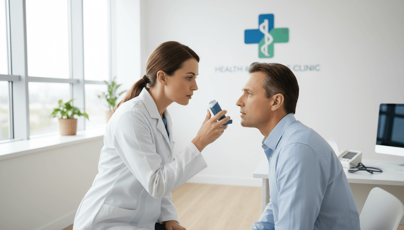 Doctor demonstrating inhaler use to patient in bright clinic room