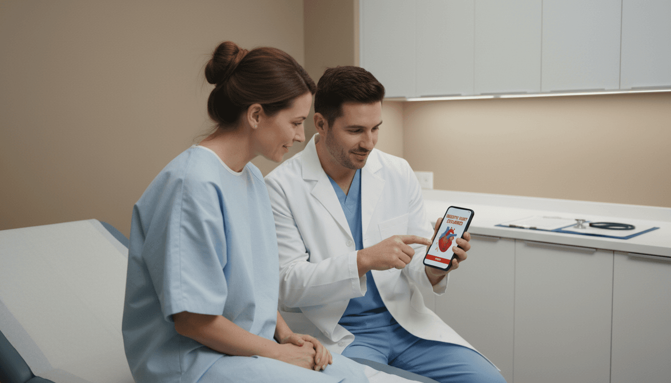 Doctor showing a patient an educational video on a smartphone in an exam room