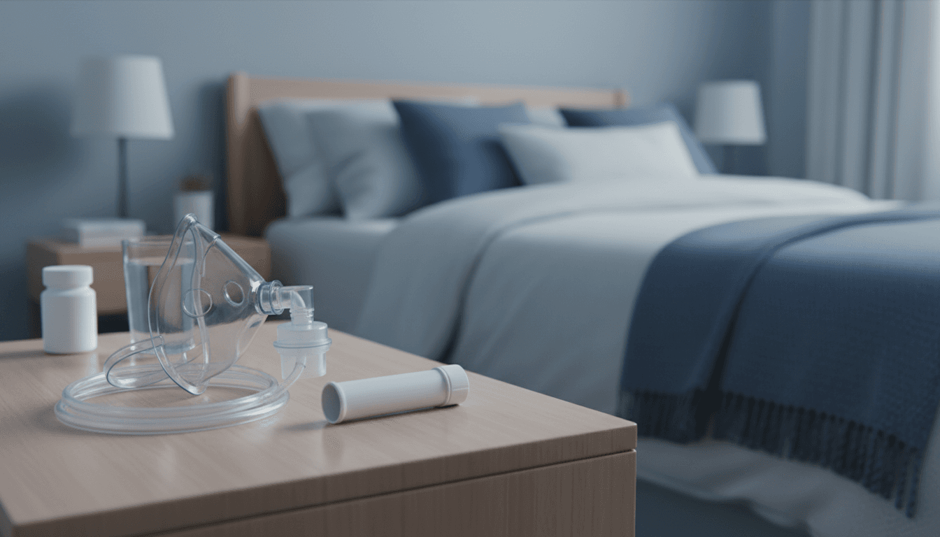 A nebulizer mask and inhaler spacer on a nightstand in a calm, softly lit home bedroom