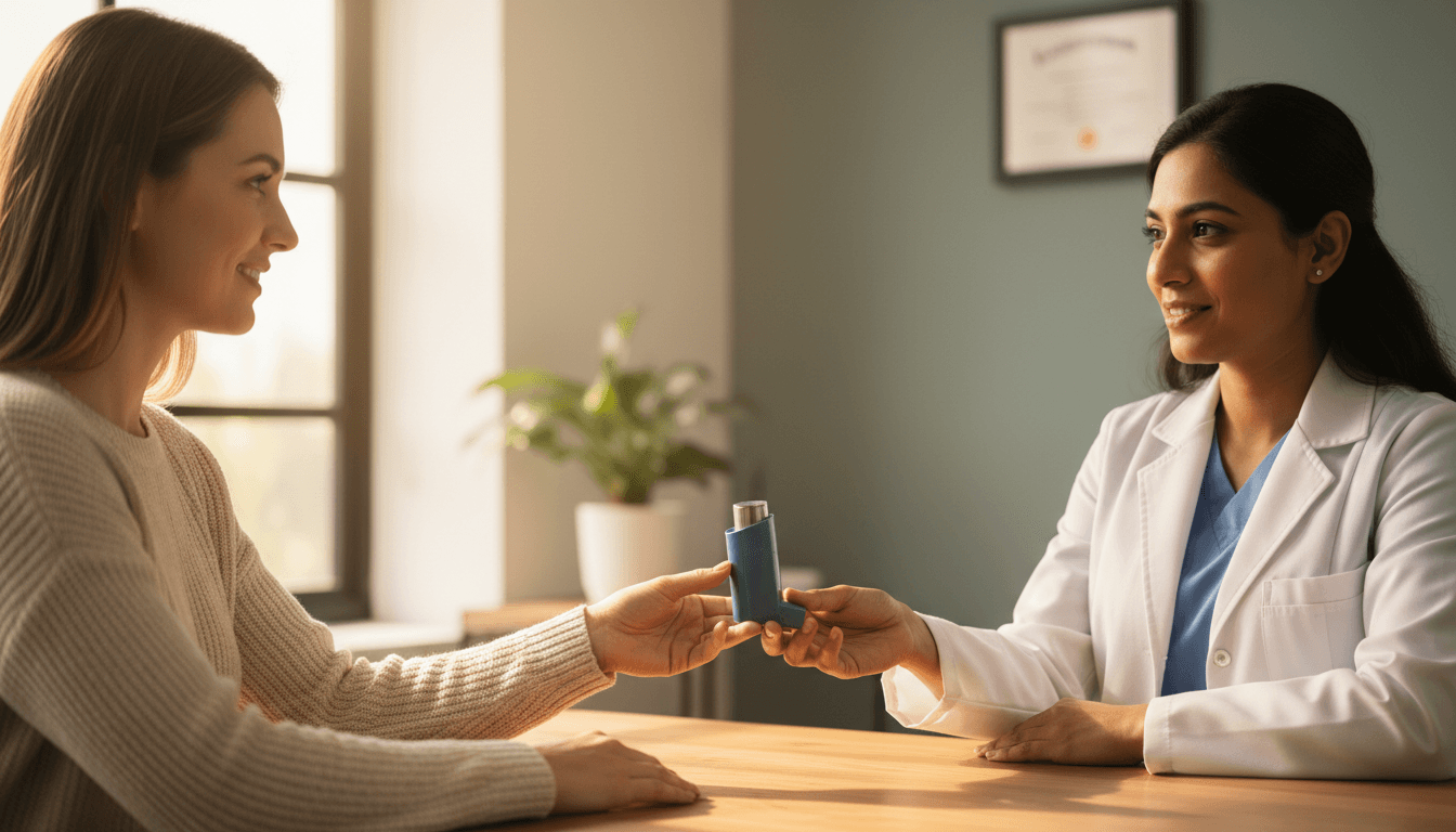 Patient showing inhaler to doctor during appointment