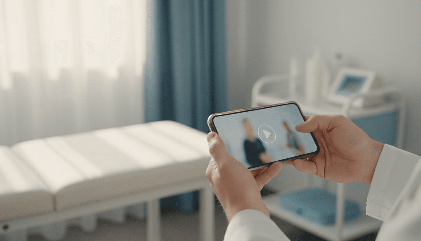 Hands holding a smartphone with a video playing in a bright clinic setting