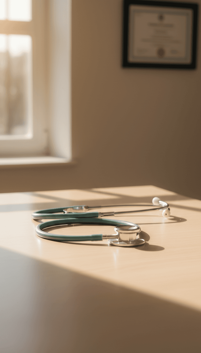 Stethoscope on examination table in a medical clinic