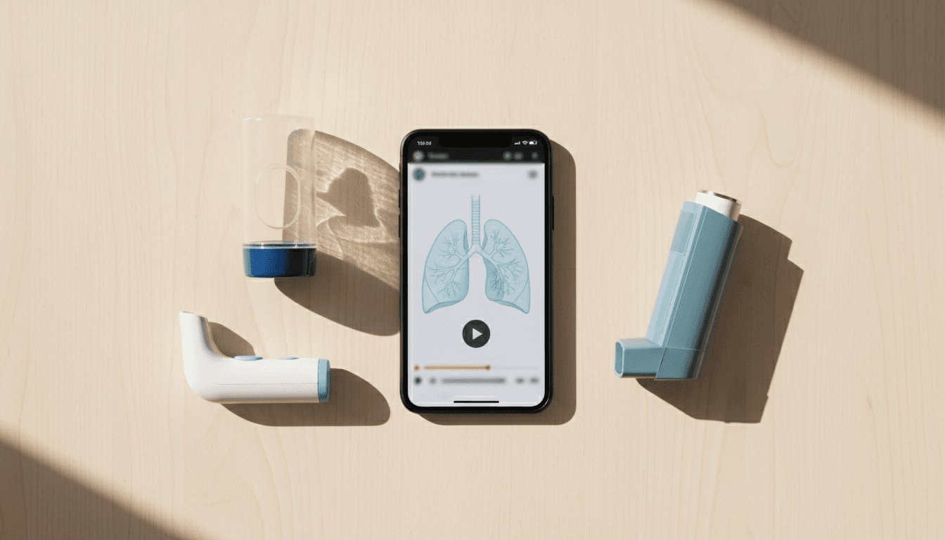 Top-down view of a smartphone showing a lung health video next to inhaler and spacer
