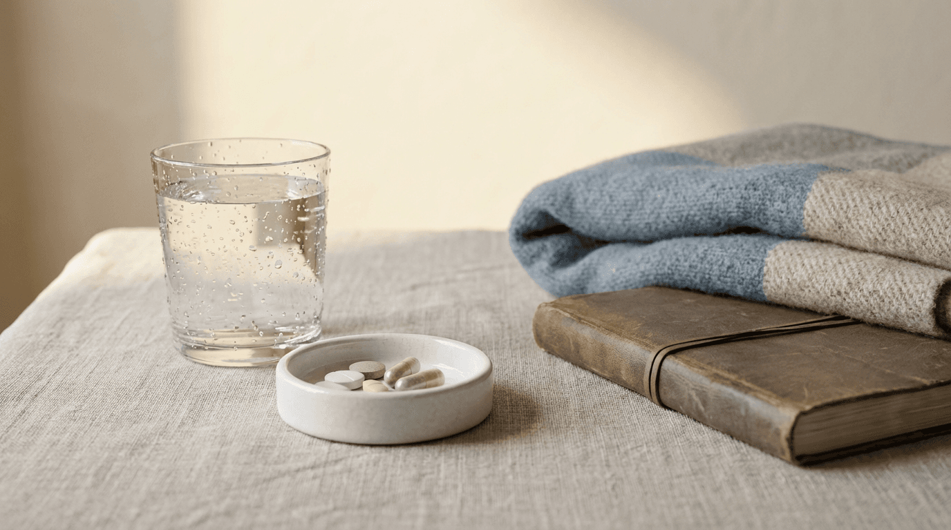 Handheld flutter valve airway-clearance device on a linen cloth beside a glass of water, quiet educational still life