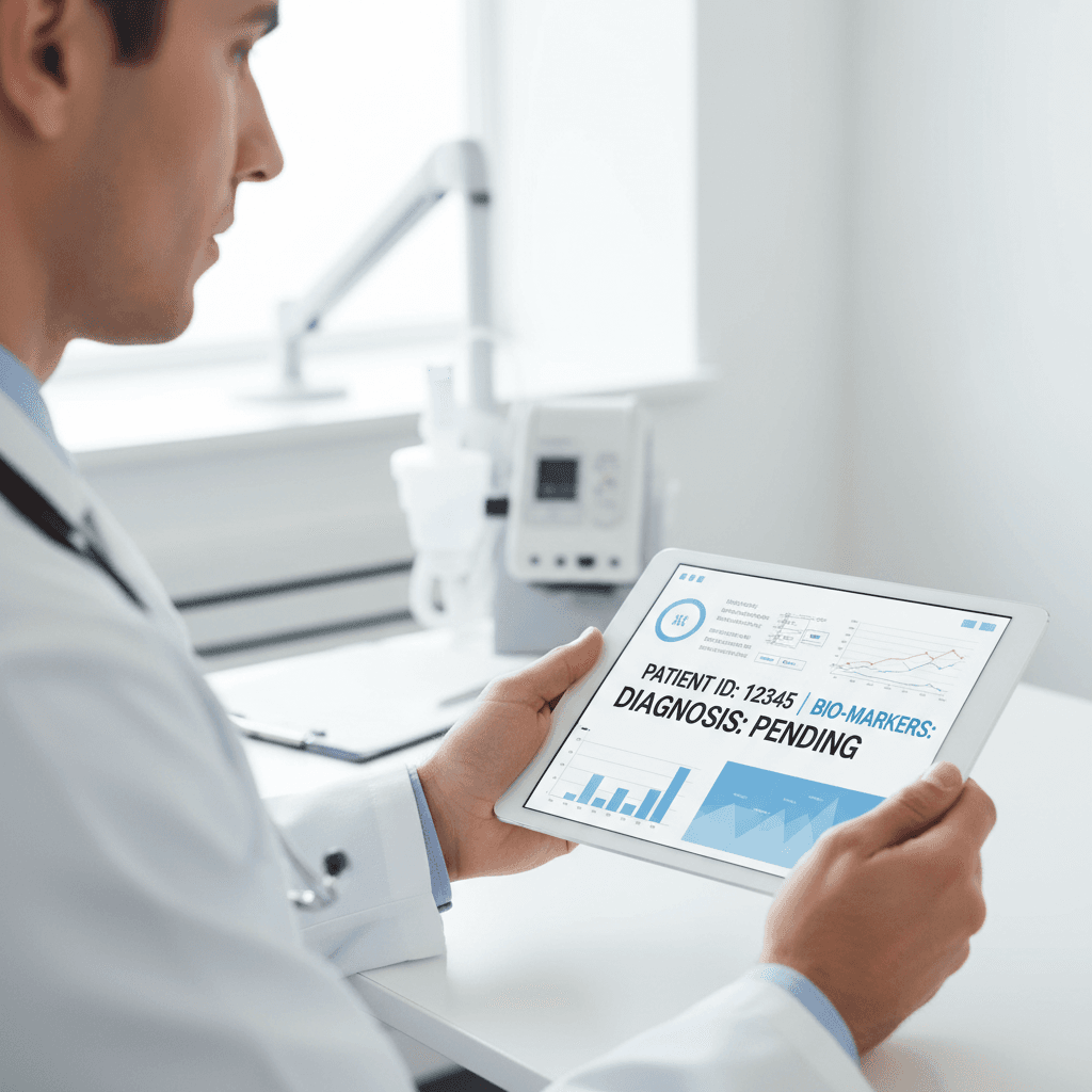 Close-up of a doctor's hands reviewing a patient's chart on a tablet in a modern clinic exam room
