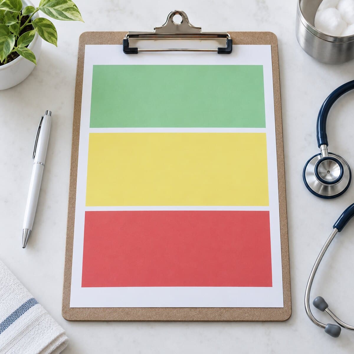 Medical clipboard with green, yellow, and red color blocks, a stethoscope, and a pen.