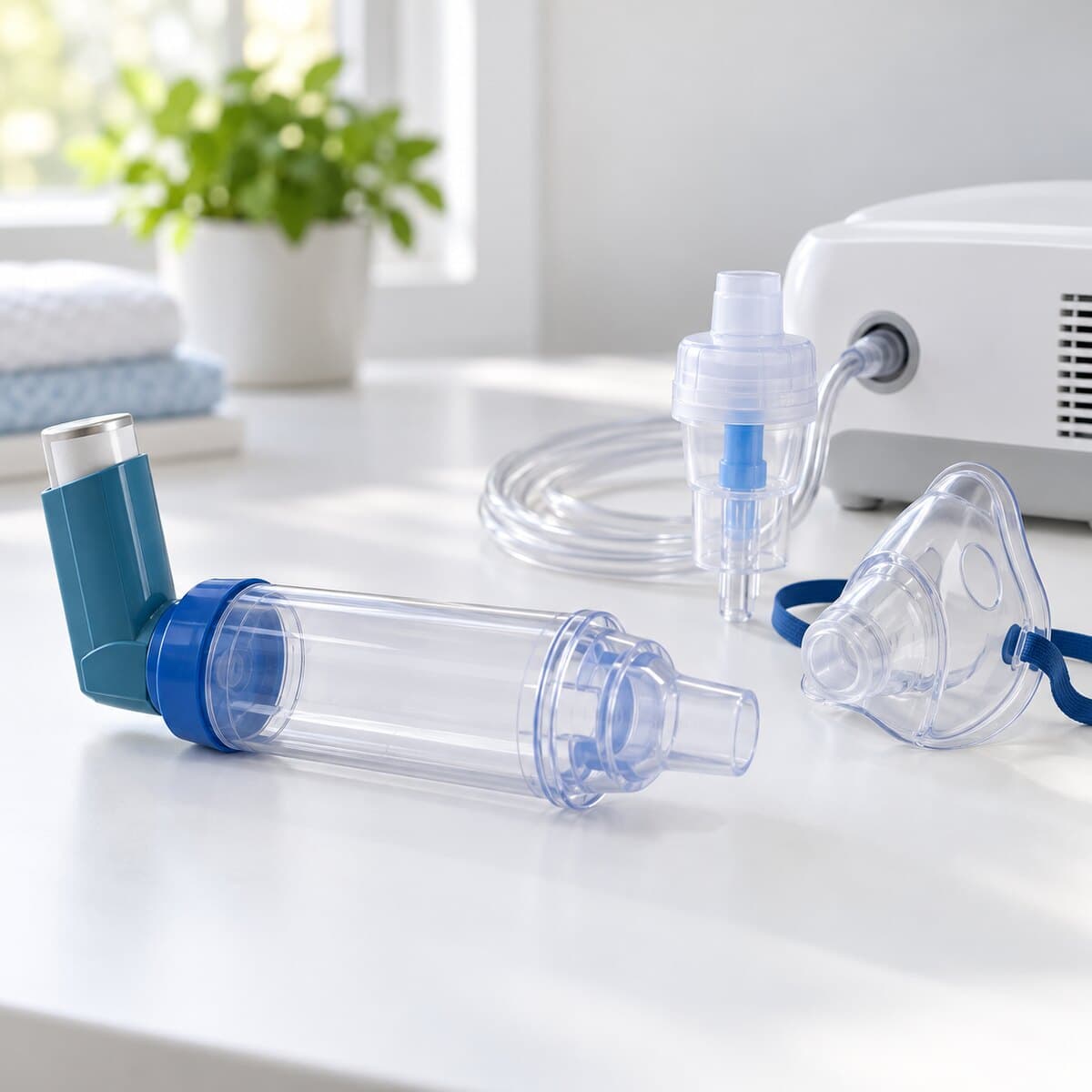 Blue inhaler with spacer and a white nebulizer machine with mask on a table.