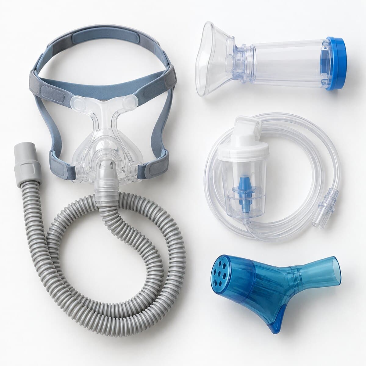 Respiratory medical equipment including a CPAP mask, nebulizer, and inhaler spacer on white background.